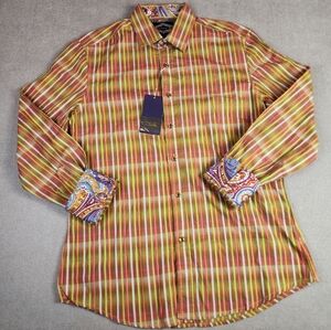 NWT Cesari Italy Flip Cuff Button Down Shirt Green Pink Brown Size Small Cotton